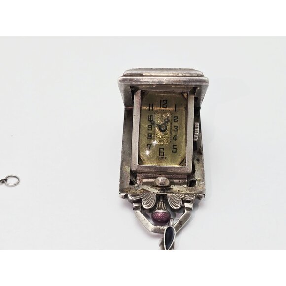 Vintage Art Deco Sterling Silver Black & Purple Enamel Pendant Watch Necklace - Picture 7 of 16